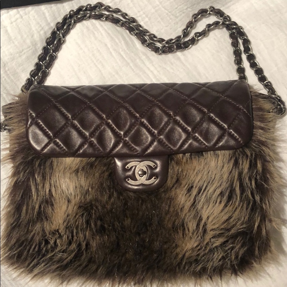 Chanel Brown Quilted Leather & Fur Flap Bag